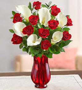Valentine S Day Red Roses And White Calla Lily In Red Vase By Russo S