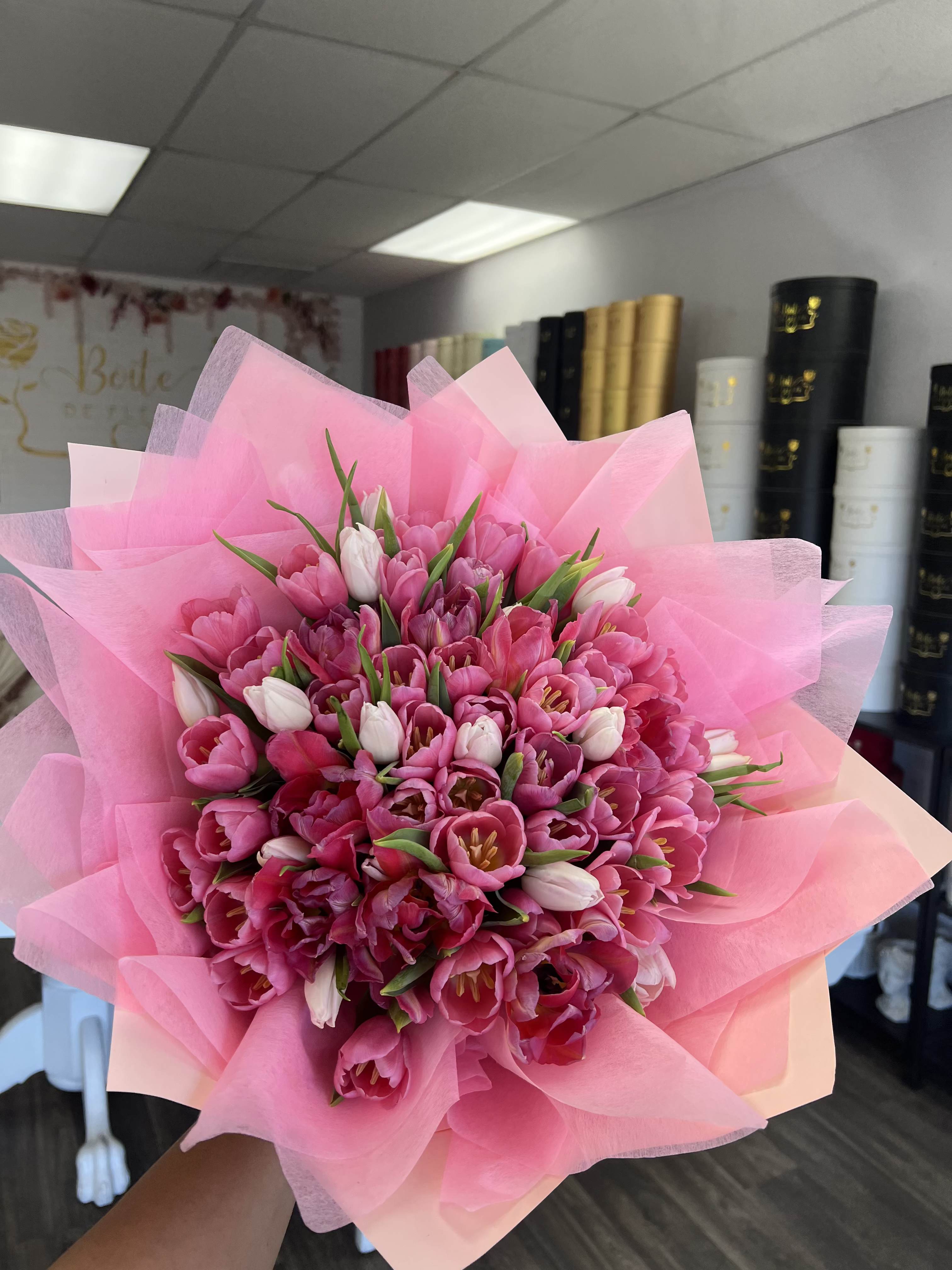 Spring Romance - Our Springtime Romance bouquet is the sweetest way to say "I'm thinking of you." Filled with soft pink tulips and delicately wrapped, this tulip bouquet has a dreamy, romantic feel that's impossible to not fall in love with. Whether you're surprising your favorite person, celebrating a special moment, or just sending a little extra love, these fresh tulips make it feel meaningful and memorable.