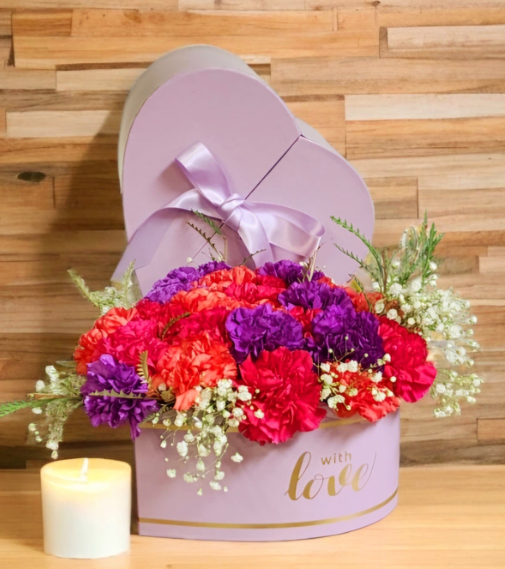 Carnation Romance - Heart box of carnations. Limited Quantities 