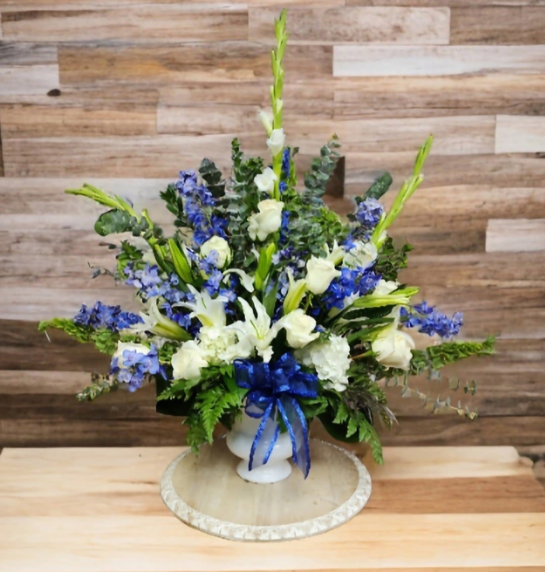 Heaven Garden - White roses, white hydrangeas, stock, Delphinium, and greenery.
