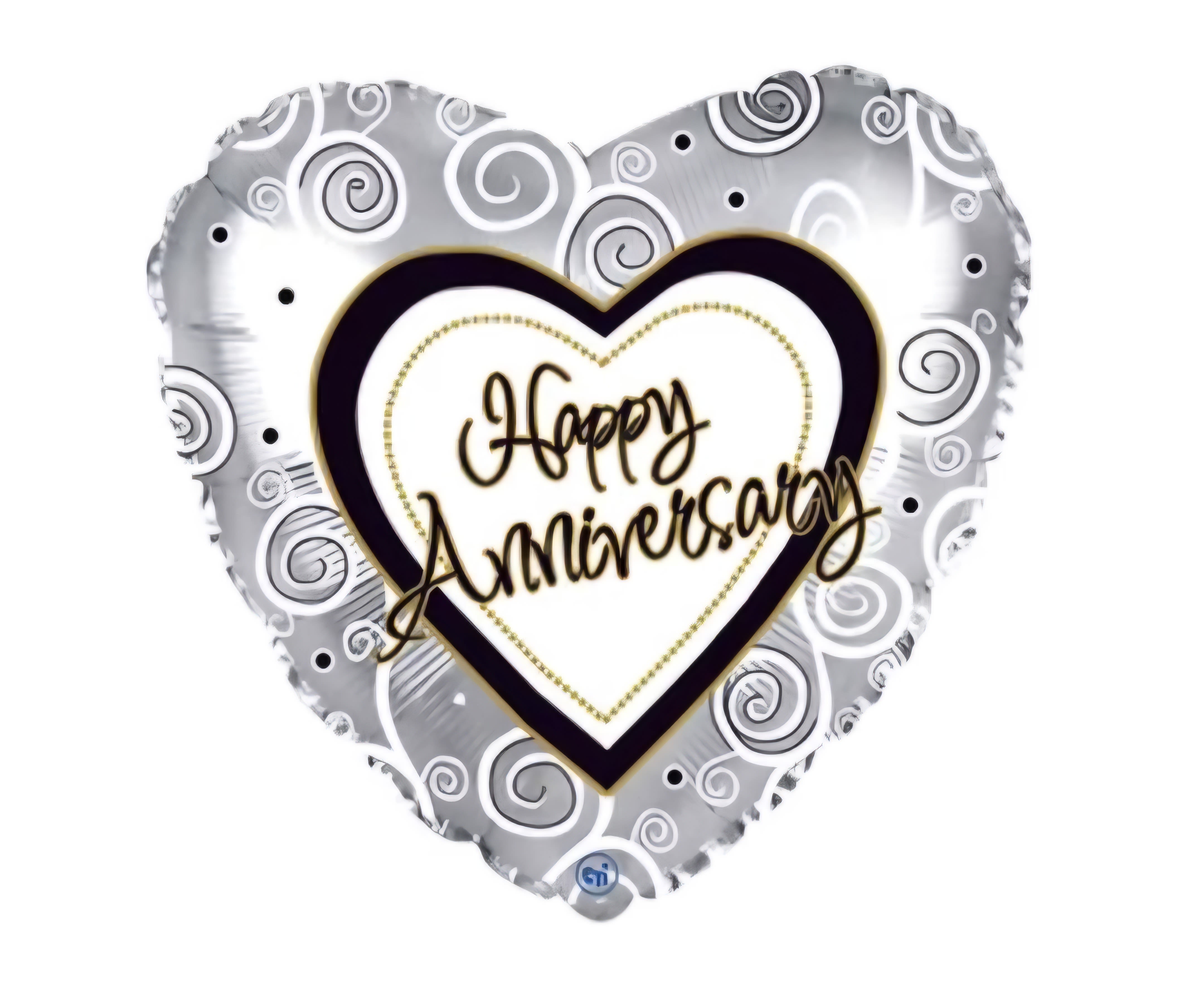 Heart-shaped silver balloon with "Happy Anniversary" text