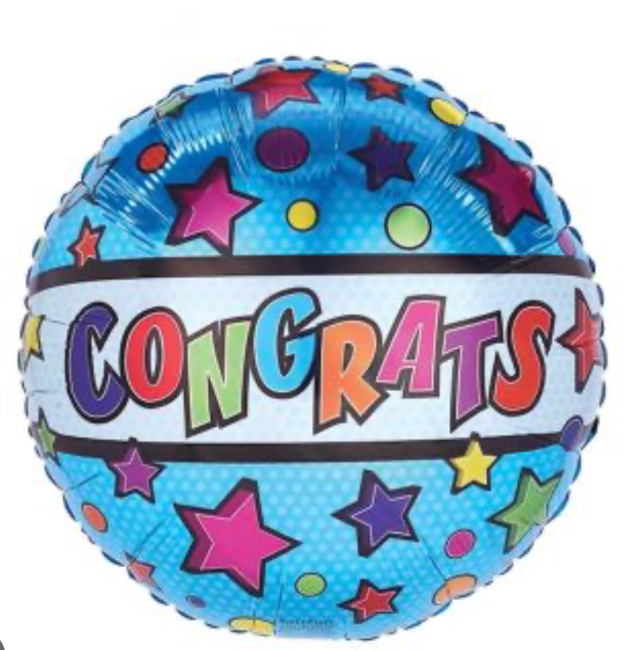 Round blue balloon with colorful stars and the word Congrats