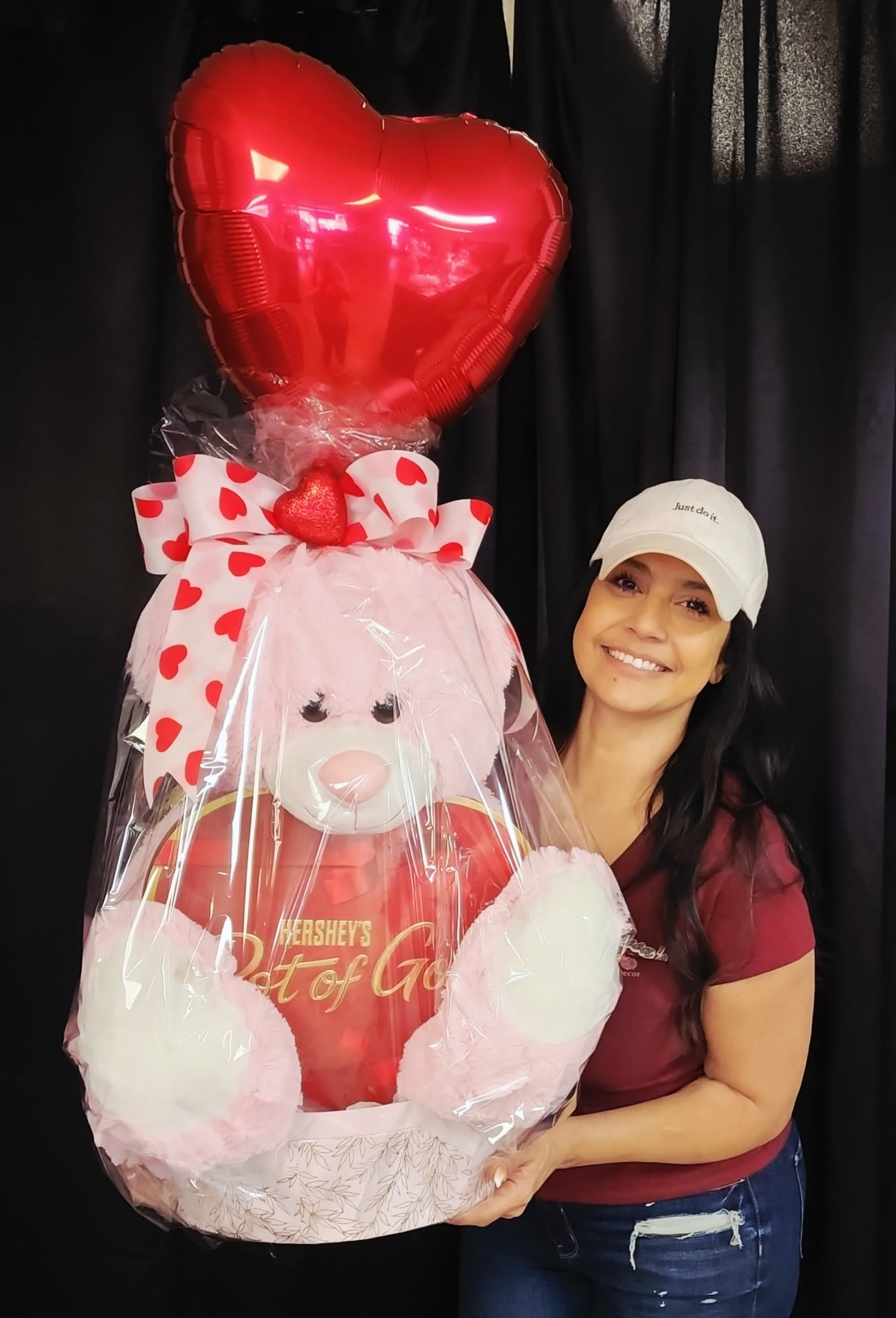 Pink Bear - 40" pink bear with giant Hershey's chocolate heart box &amp; balloon