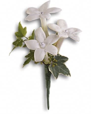 Small white silk flower boutonniere with pearl centers and ivy accents