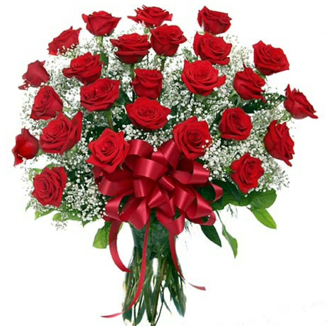 Bouquet of red roses with baby's breath and a red ribbon