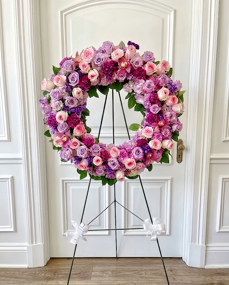 Lavender Grace - Sympathy Standing Wreath - A grand and deeply comforting funeral standing wreath, beautifully crafted with a lush mix of premium lavender, soft pink, and deep purple roses.  