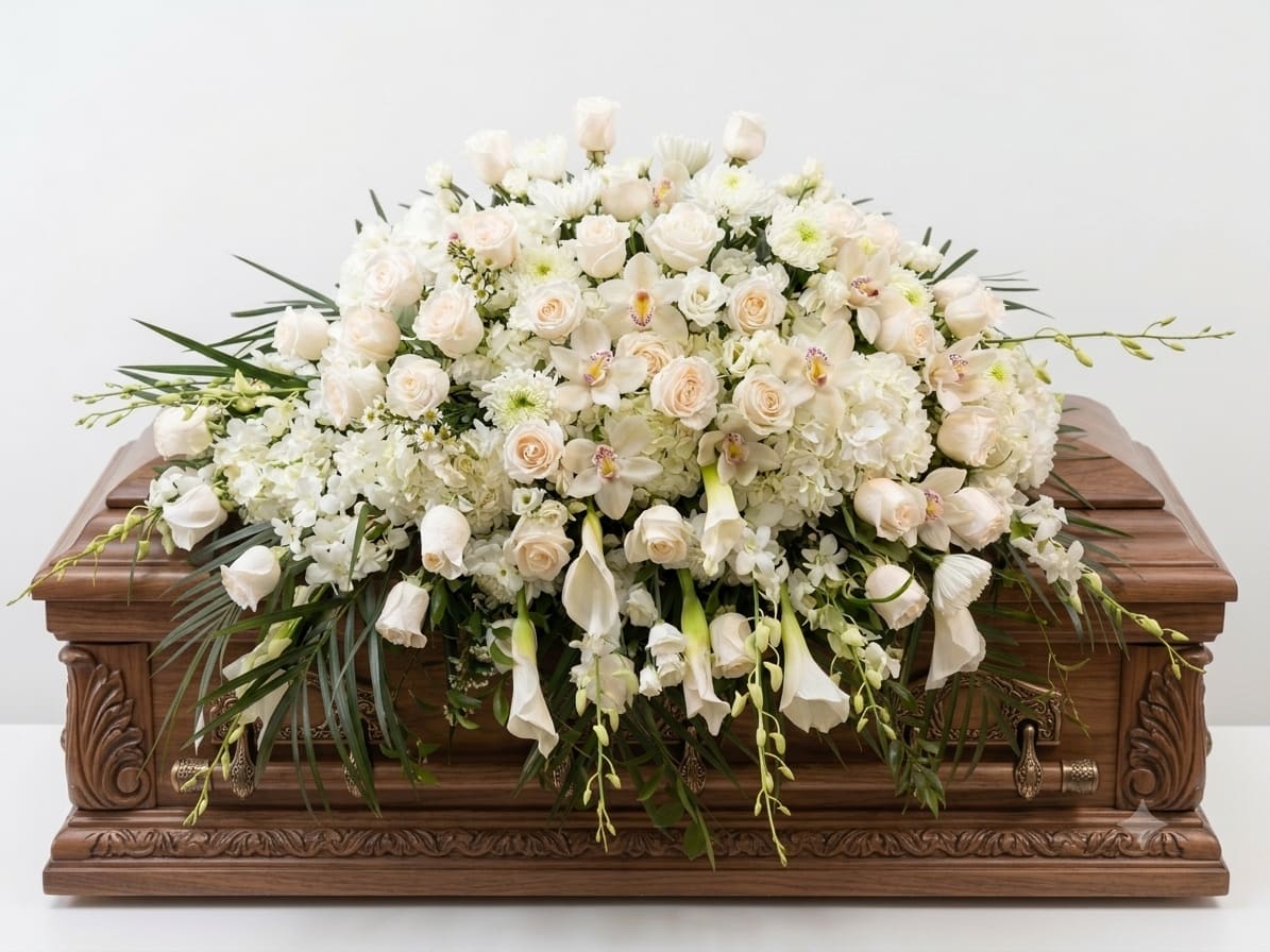 Pure Peace - A grand and deeply elegant all-white horizontal casket spray, beautifully designed to bring comfort and honor to a loved one's service. This premium tribute features an abundance of soft white roses, elegant white cymbidium orchids, and graceful white calla lilies, perfectly nestled in a lush bed of fluffy white hydrangeas. Accented with cascading green palm fronds, this classic arrangement serves as a serene and meaningful symbol of enduring peace.