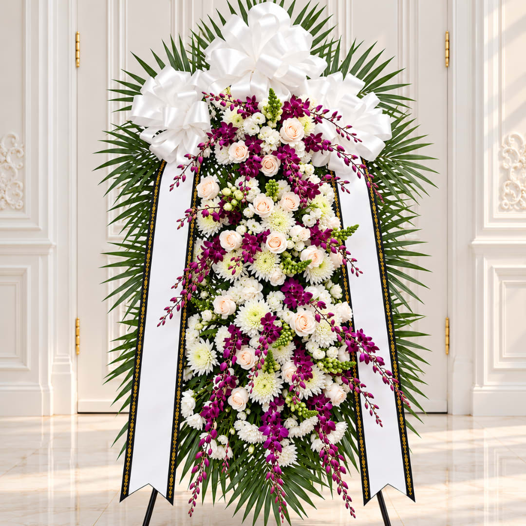 Standing floral spray with white and purple flowers and large white bows