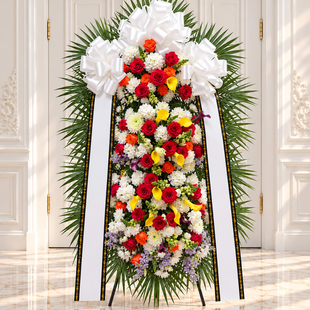 Standing floral spray with red, white, yellow, and orange blooms and large white bows