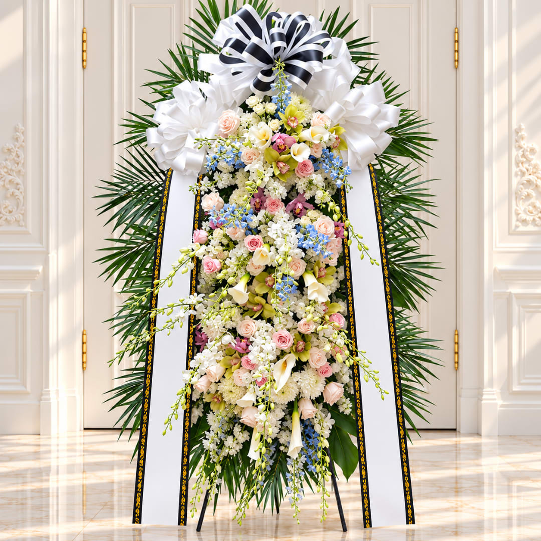 Tall standing floral spray with white ribbons and pastel flowers on an easel