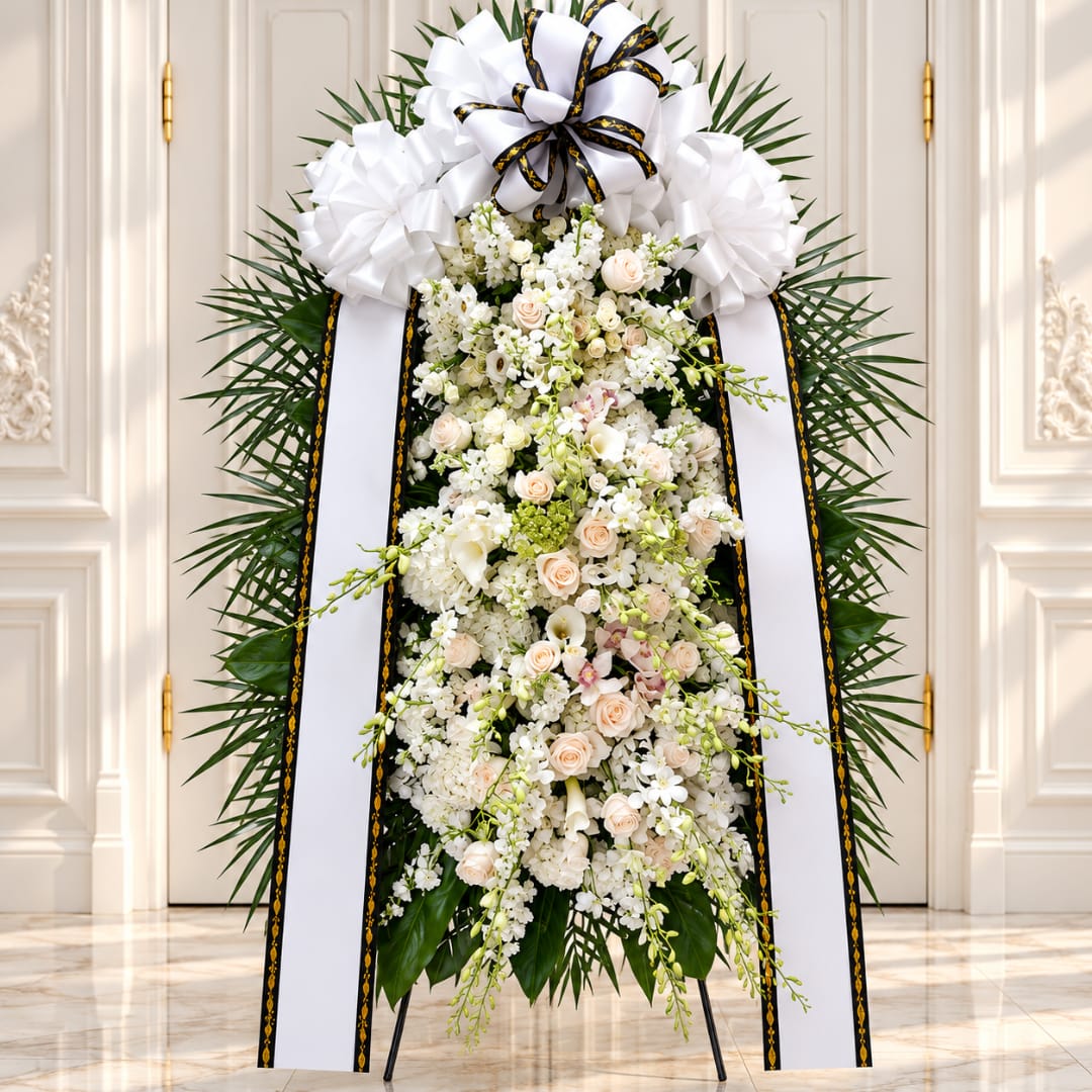 White funeral standing spray with ribbons on an easel