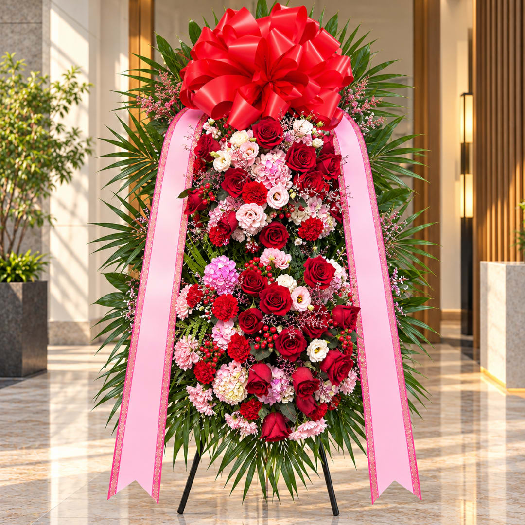 Large standing floral wreath with red and pink roses and a big red bow