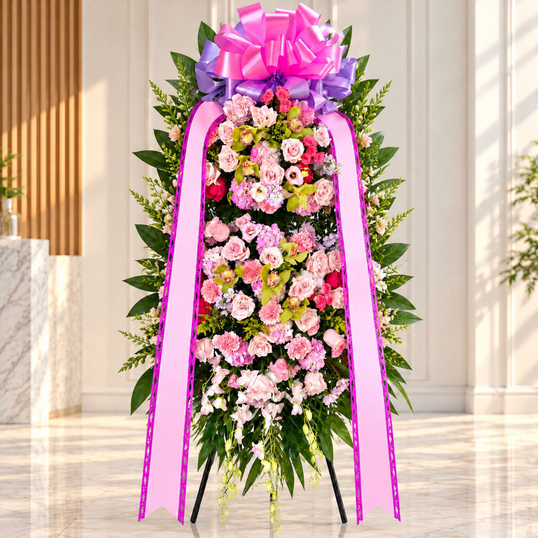 Tall standing floral spray with pink and purple ribbons on an easel