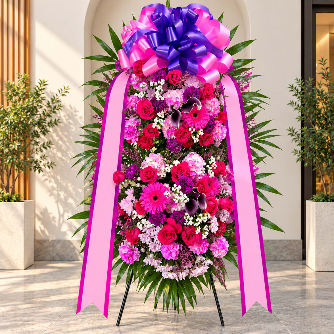 Tall standing floral spray with pink and purple flowers and a large ribbon bow