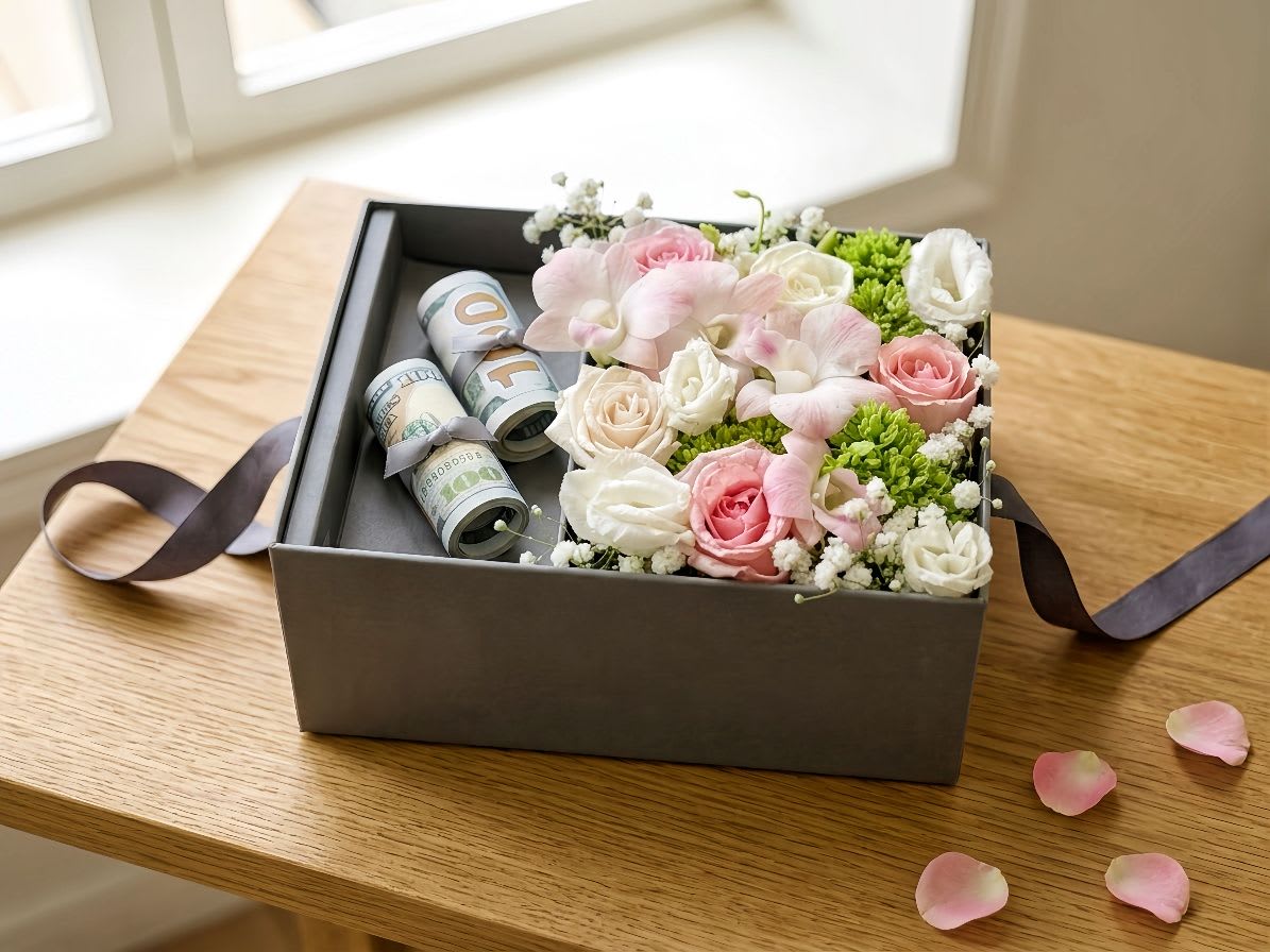 Money box  - mix flowers with rolls of bill in box.  Important Note: Cash is not included in the price. Customers must bring their own cash to our store. If cash is not provided, we can make a regular floral arrangement of equal value instead.  