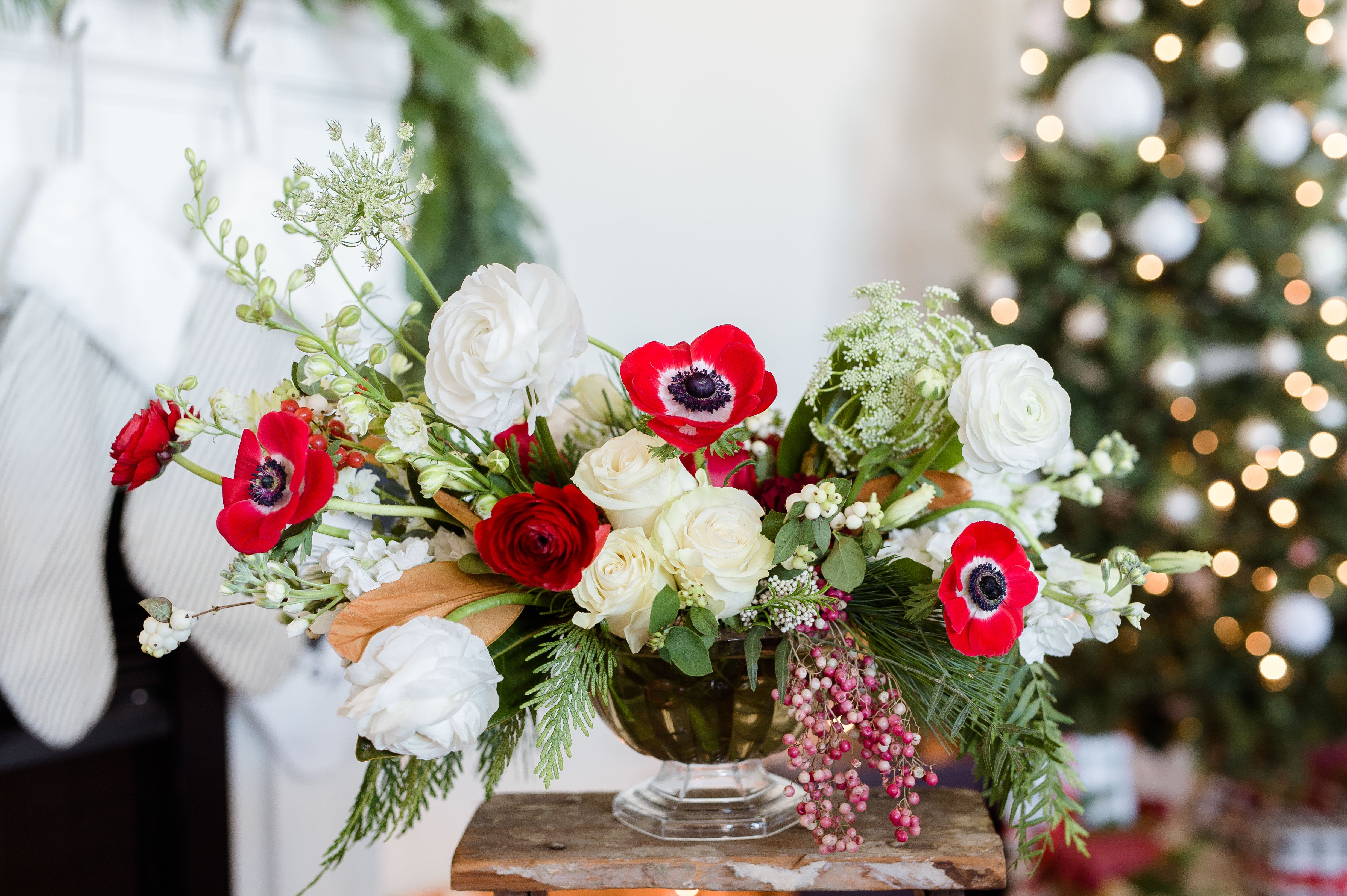 Christmas Centerpiece  - Christmas Compote Centerpiece with Red and White Flowers and Christmas Greens!  