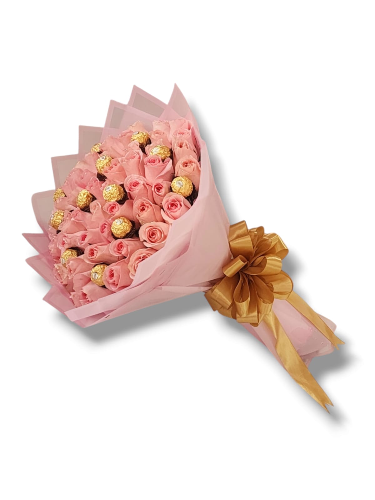 Pink rose bouquet with gold-wrapped chocolates and a gold ribbon