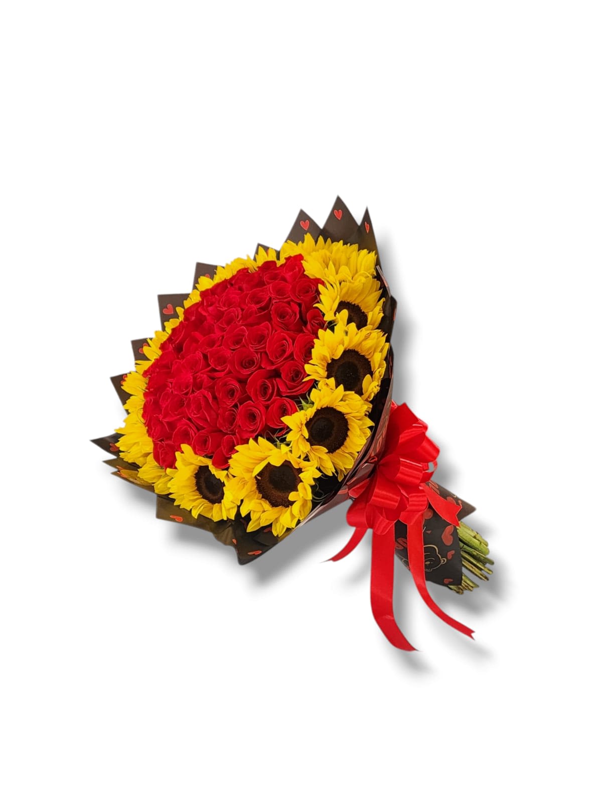 Bouquet of red roses and yellow sunflowers with a red ribbon
