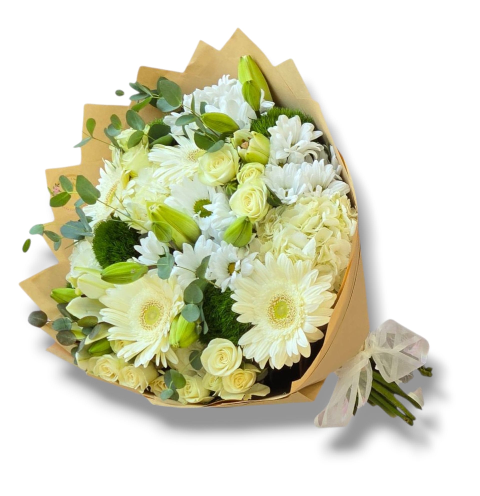 Bouquet of white flowers with pale yellow roses and green buds wrapped in kraft paper