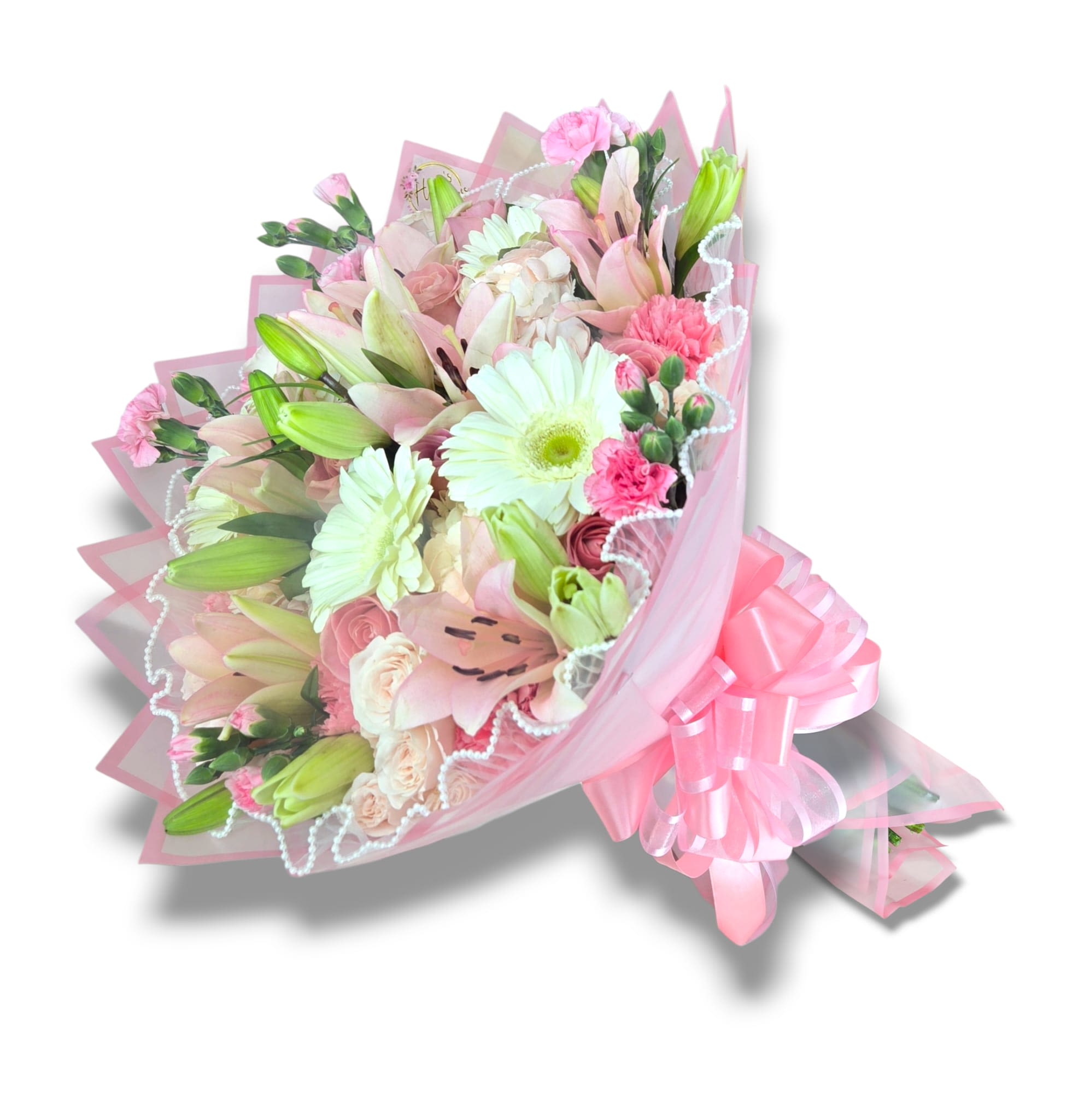 Pink and white bouquet with lilies, daisies, and roses wrapped in pink paper