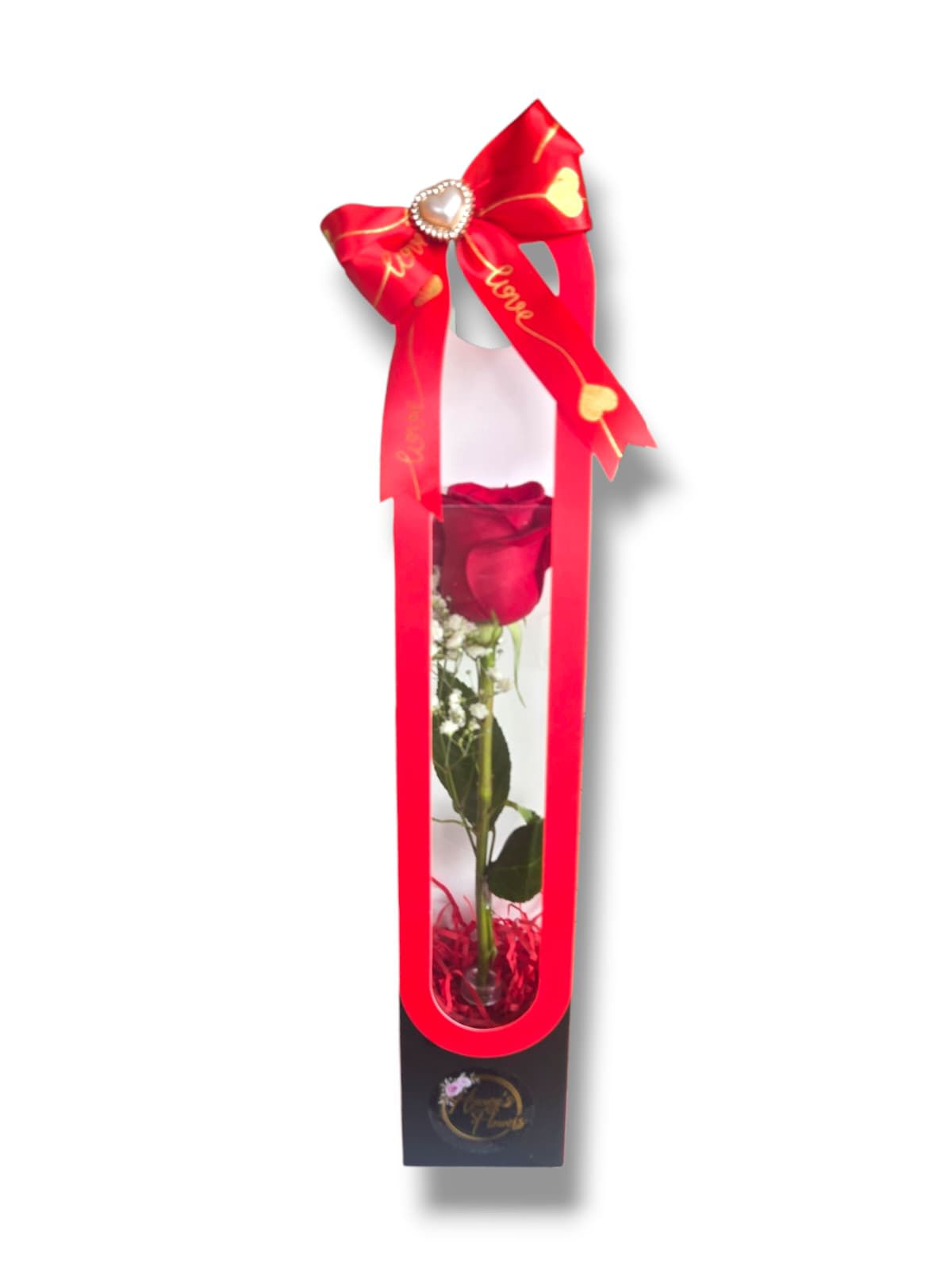 Single red rose in a tall gift box with a red bow