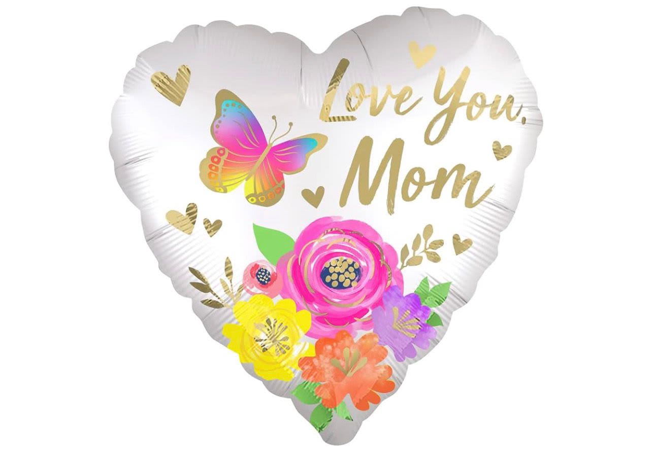 Love You Mom Satin Floral 18" - 1 Decorative Balloon  6 in x 8 in