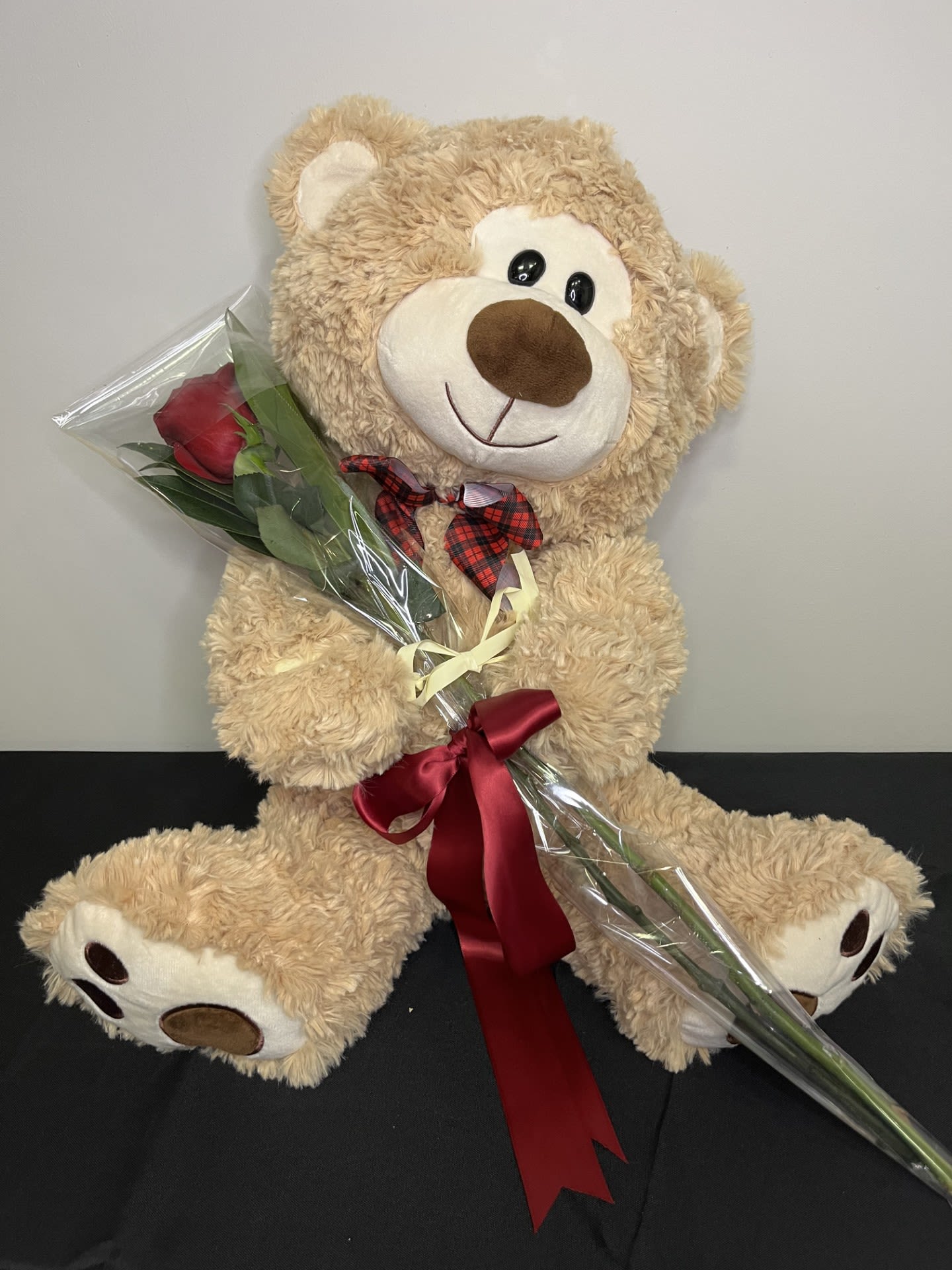 Bear Hugs by Chasing Petals - A beautiful single red rose held adorably by a cozy teddy bear.   *Alternate rose colours available, please call to inquire*