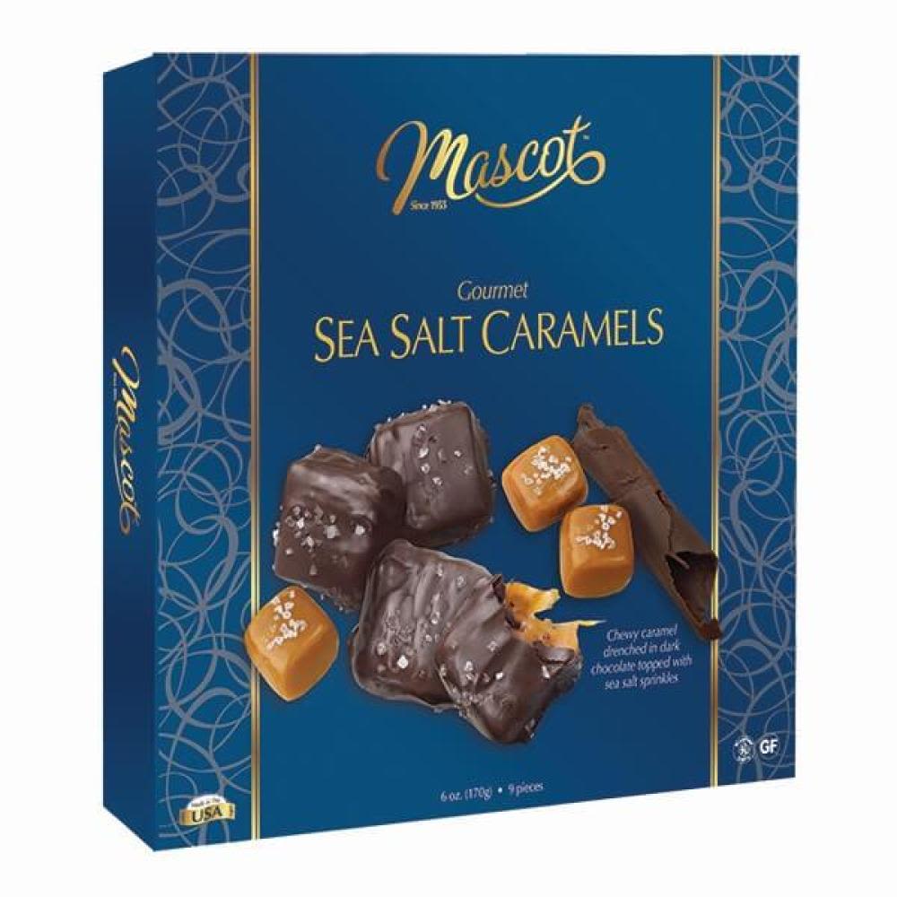 Box of sea salt caramels in blue packaging