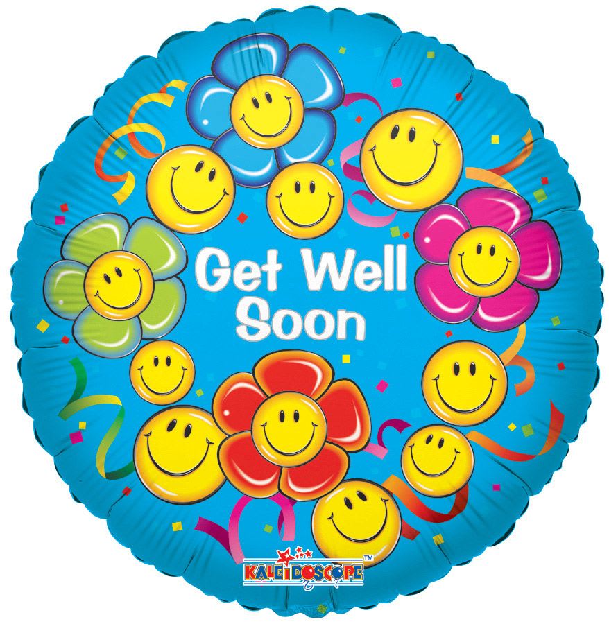 Round blue get well soon balloon with smiley flower graphics