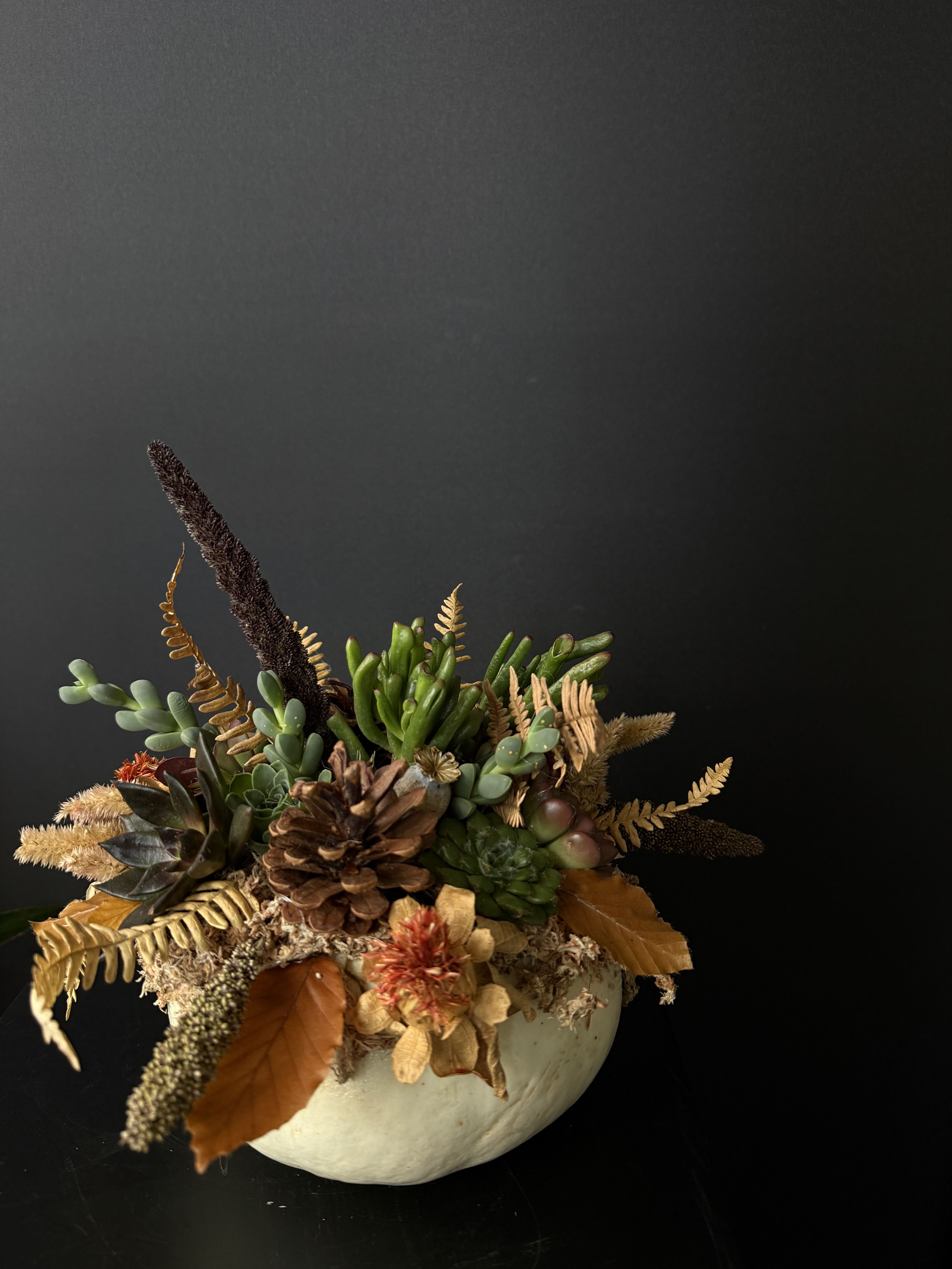 Succulent arrangement in a white bowl with dried autumn foliage