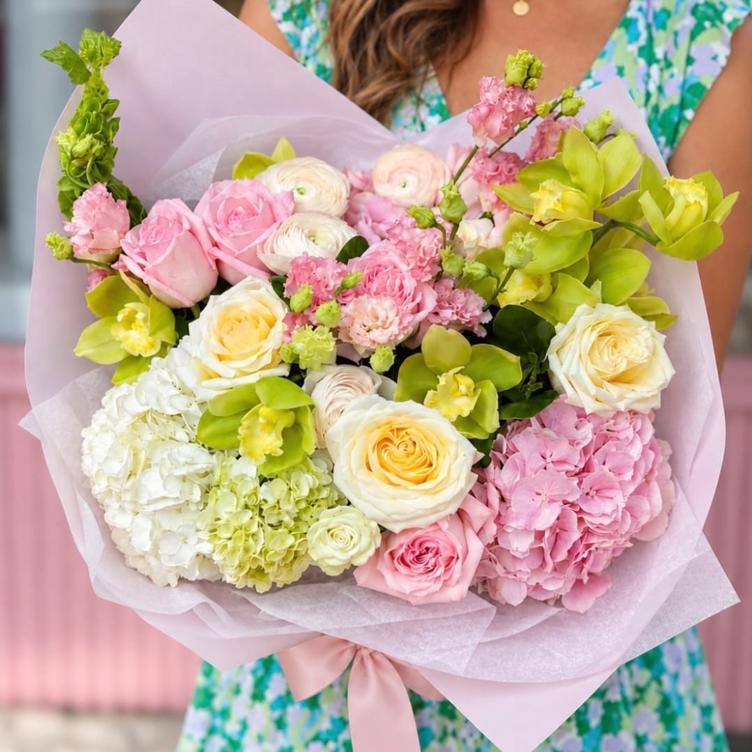 Bouquet of pink and white roses with hydrangeas and green orchids