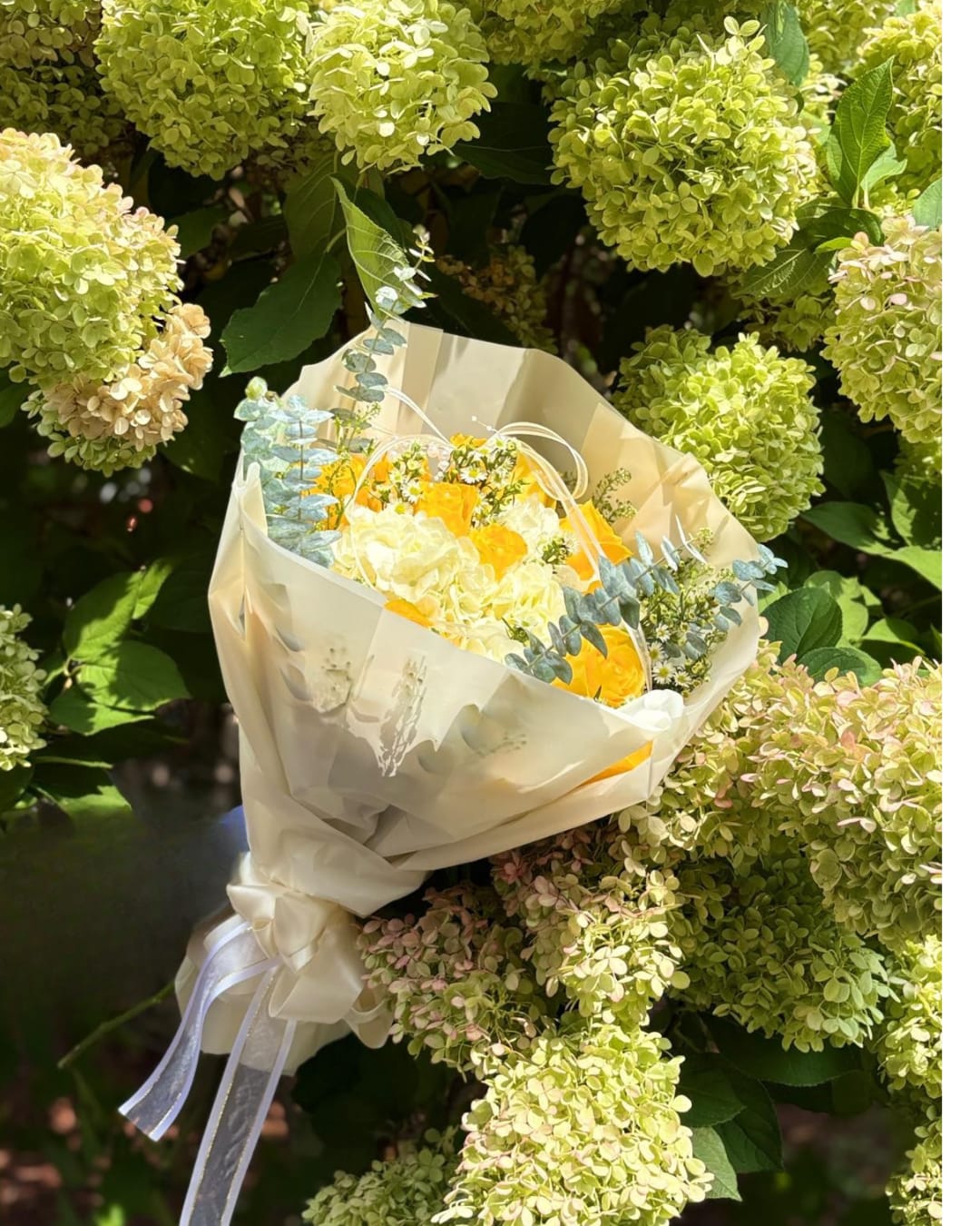 Yellow and white bouquet wrapped in cream paper with a ribbon