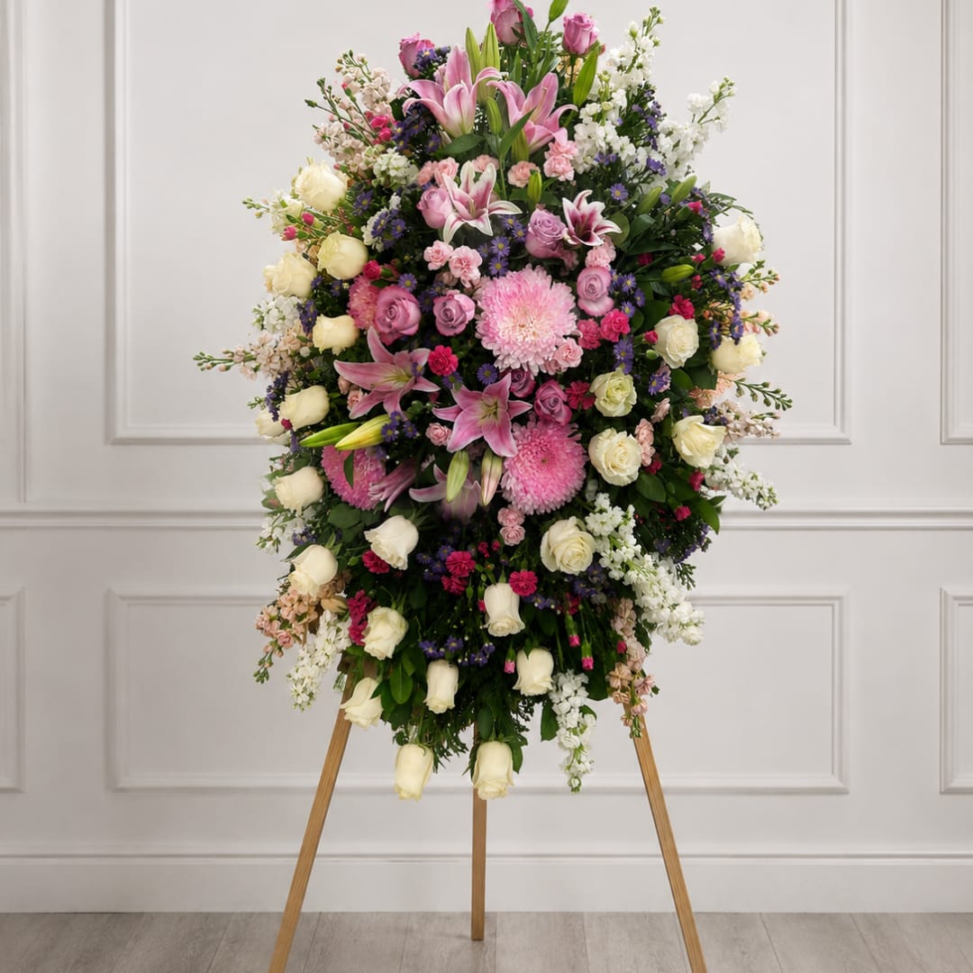 Large standing floral spray with pink, white, and purple flowers on a wooden easel