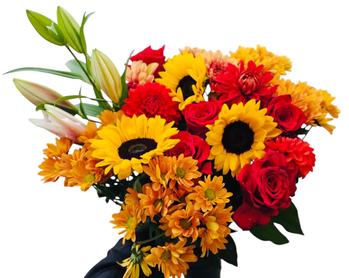 Bouquet of red roses, sunflowers, lilies, and orange daisies
