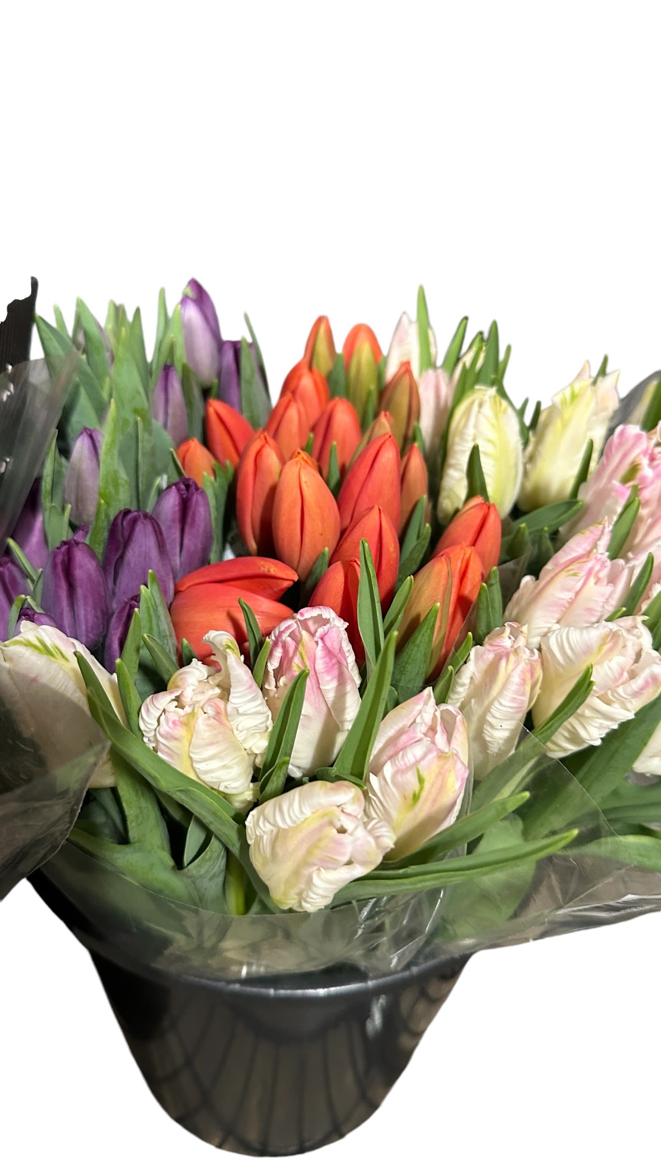 Bouquet of multicolored tulips wrapped in black paper