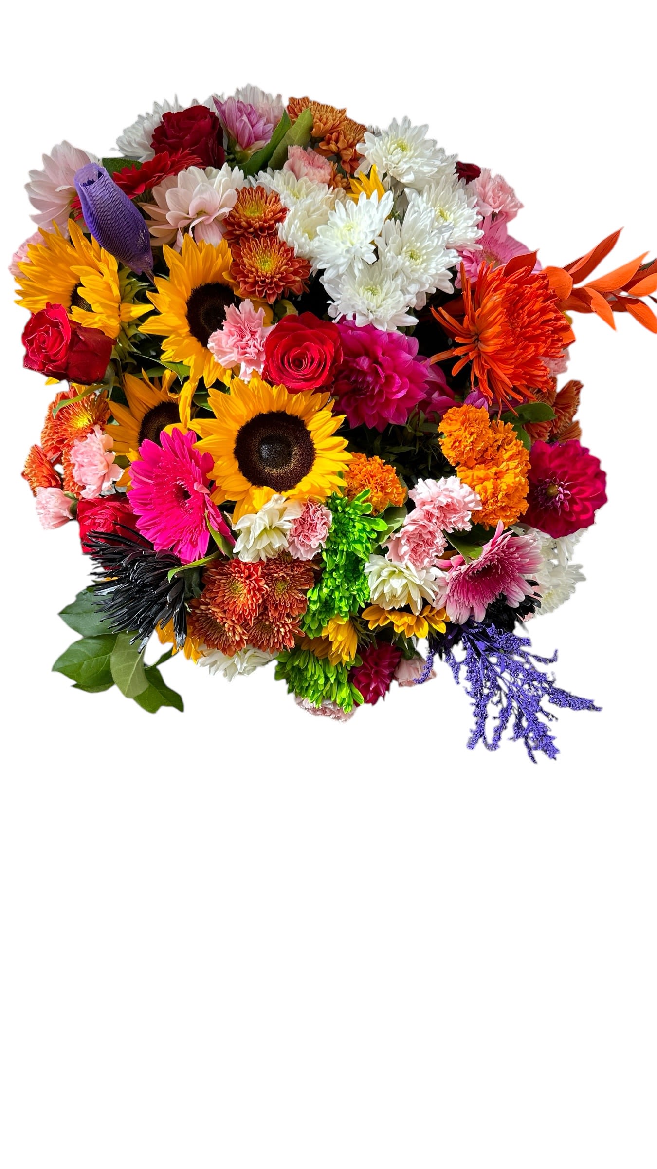Colorful mixed bouquet with sunflowers, roses, and chrysanthemums