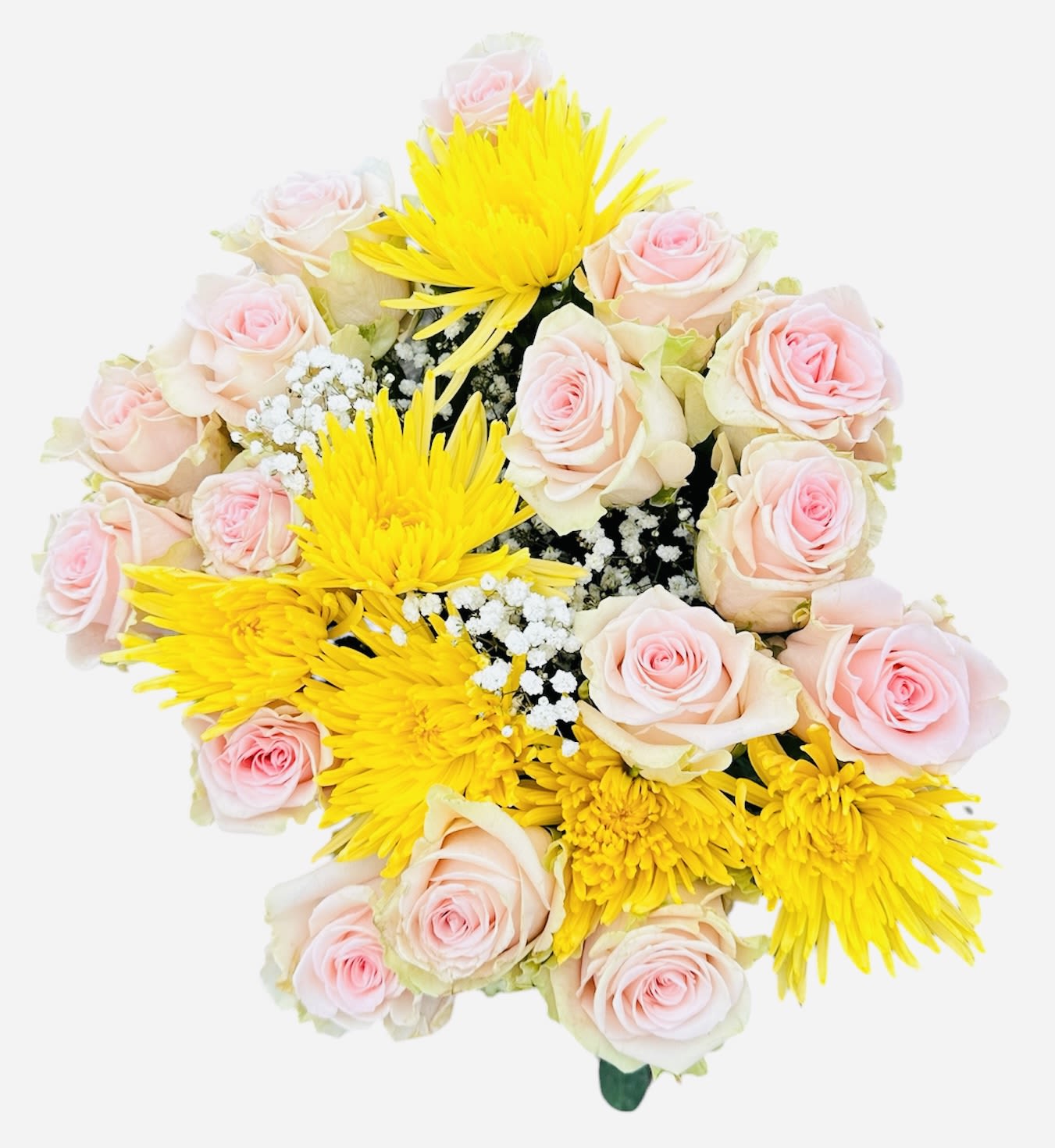 Bouquet of pink roses and yellow chrysanthemums with baby's breath