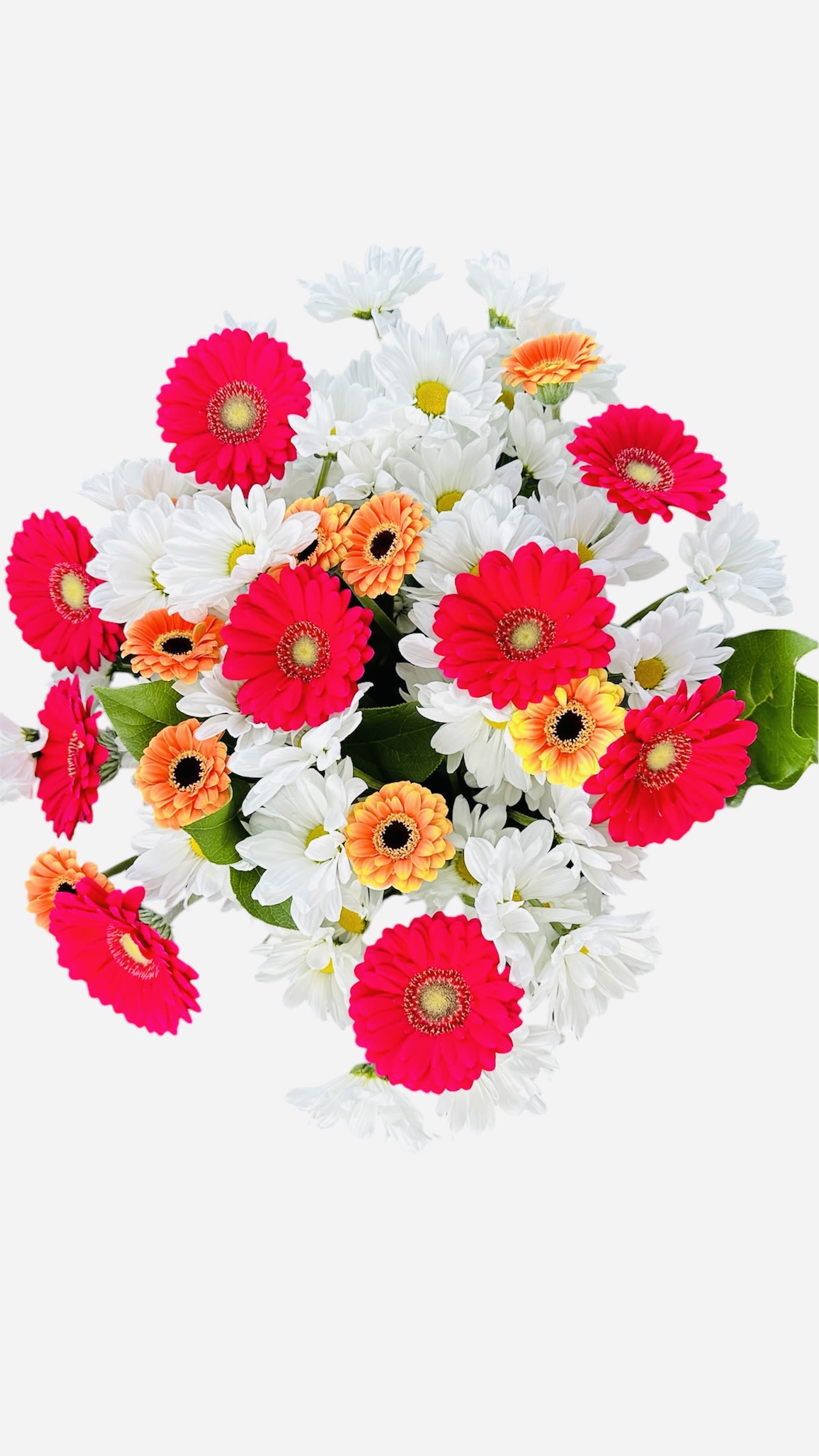 Daisy delight  - This cheerful bouquet bursts with hot pink gerbera daisies, vibrant orange mini gerberas, and crisp white daisies. It’s a fun and lively arrangement in a Vase that radiates joy and positivity 