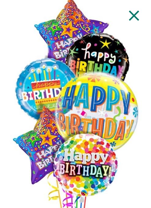 Cluster of colorful birthday balloons with star and round shapes