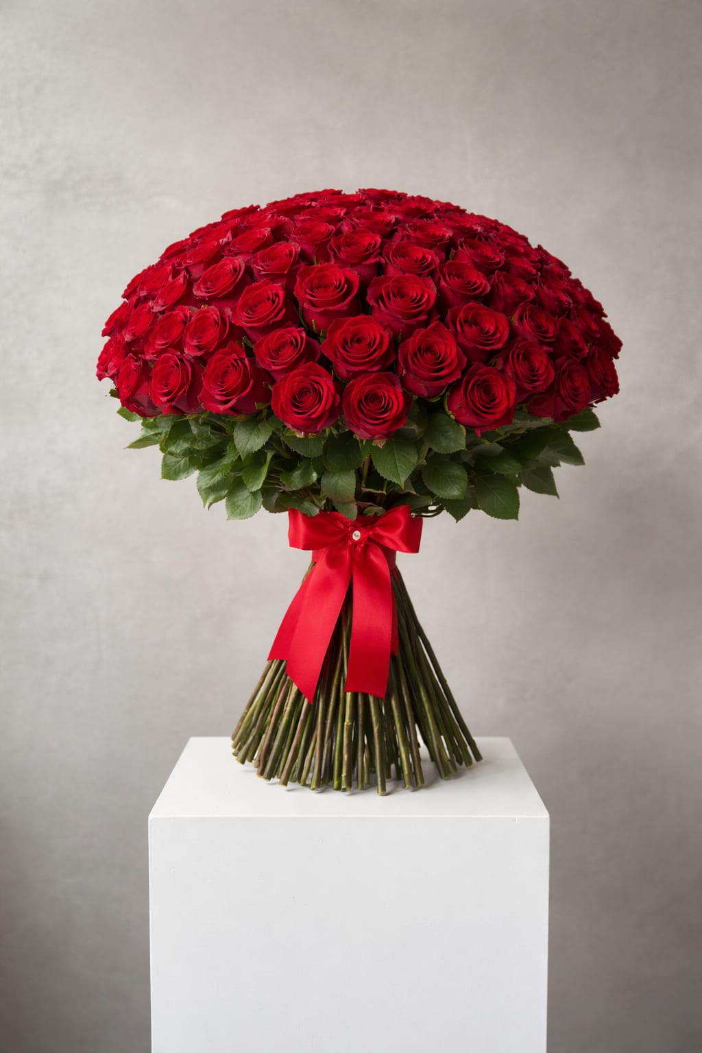 Large bouquet of red roses tied with a red ribbon