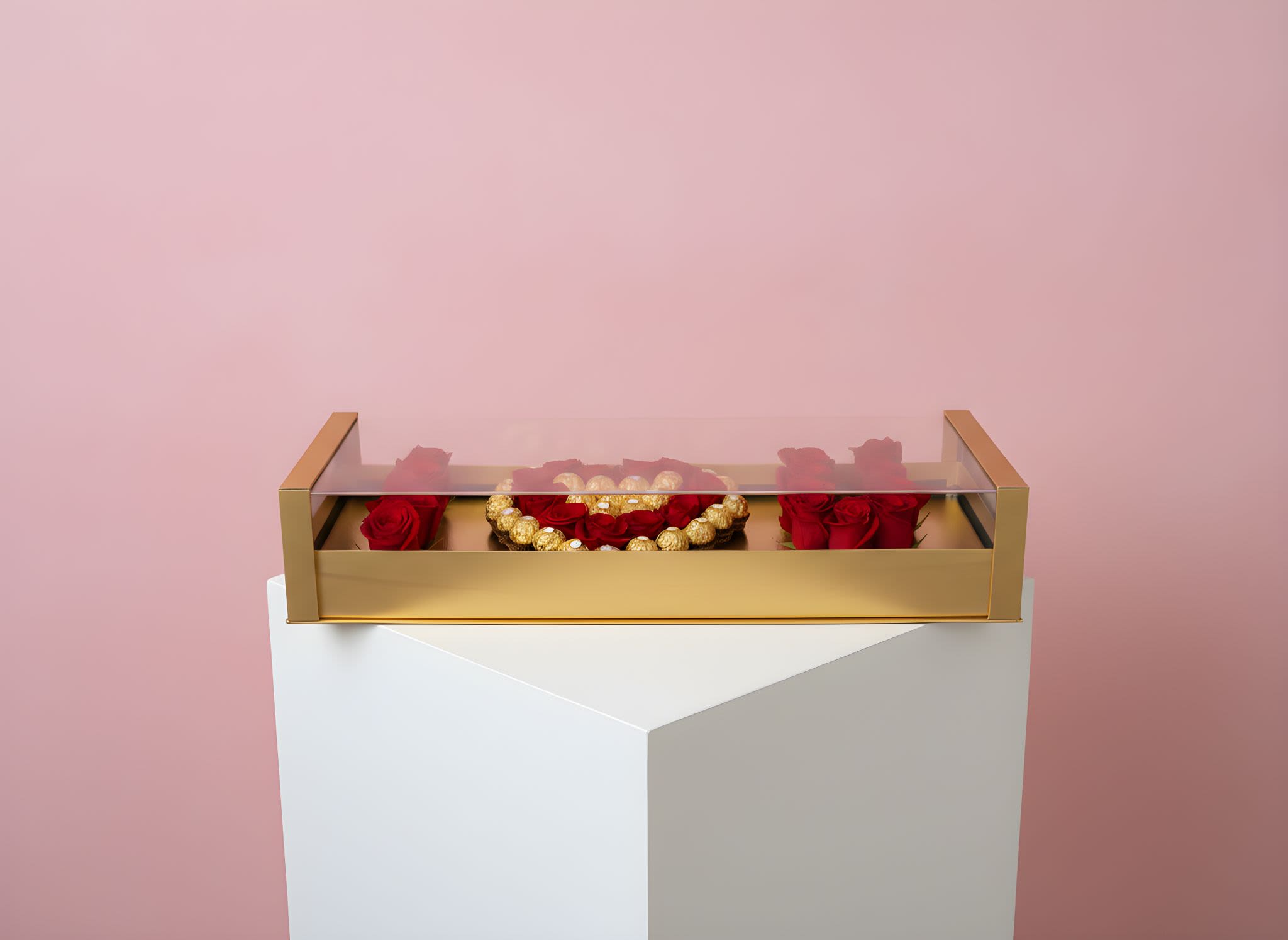 Red roses arranged in a gold box with a clear lid