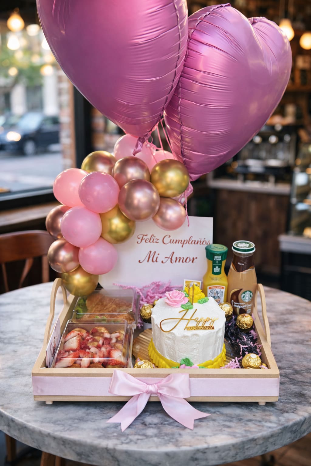 Birthday gift tray with pink heart balloons, cake, and snacks