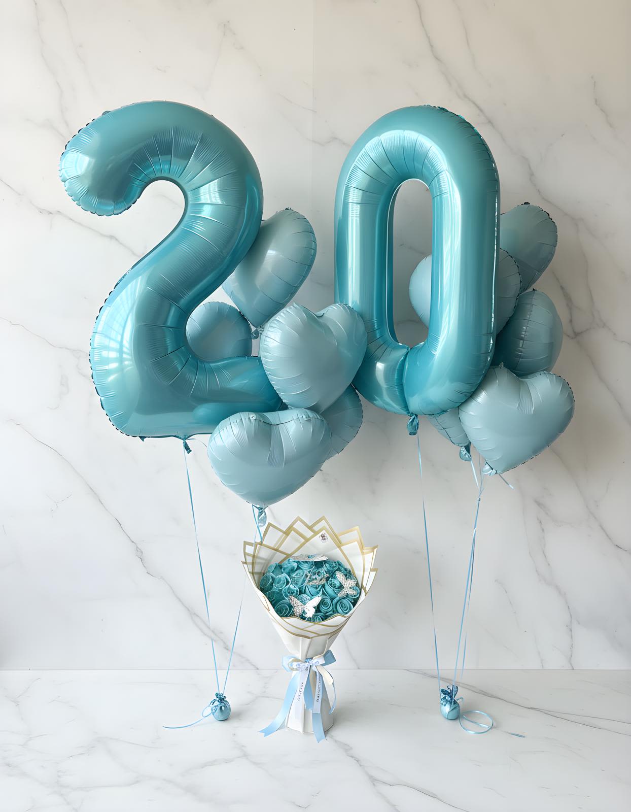 25 Teal Rose Bouquet with Custom Age Balloons Combo (2 DAYS IN ADVANCE MINIMUM) - Celebrate life’s special milestones with our Milestone Birthday Balloon &amp; Rose Bouquet Set, a beautiful combination designed to make birthdays unforgettable. This arrangement includes large number balloons customized to the desired age, complemented by coordinating accent balloons and a stylish rose bouquet wrapped in elegant designer paper.  Perfect for 20th birthdays, 21st celebrations, milestone birthdays, or surprise birthday deliveries, this set creates a stunning visual gift that instantly elevates any celebration.  Each design is carefully prepared to match the selected number balloons and color theme, creating a coordinated and festive presentation.  Please note: Balloon colors and bouquet flower varieties may vary depending on availability while maintaining the overall style, color theme, and fullness of the design.