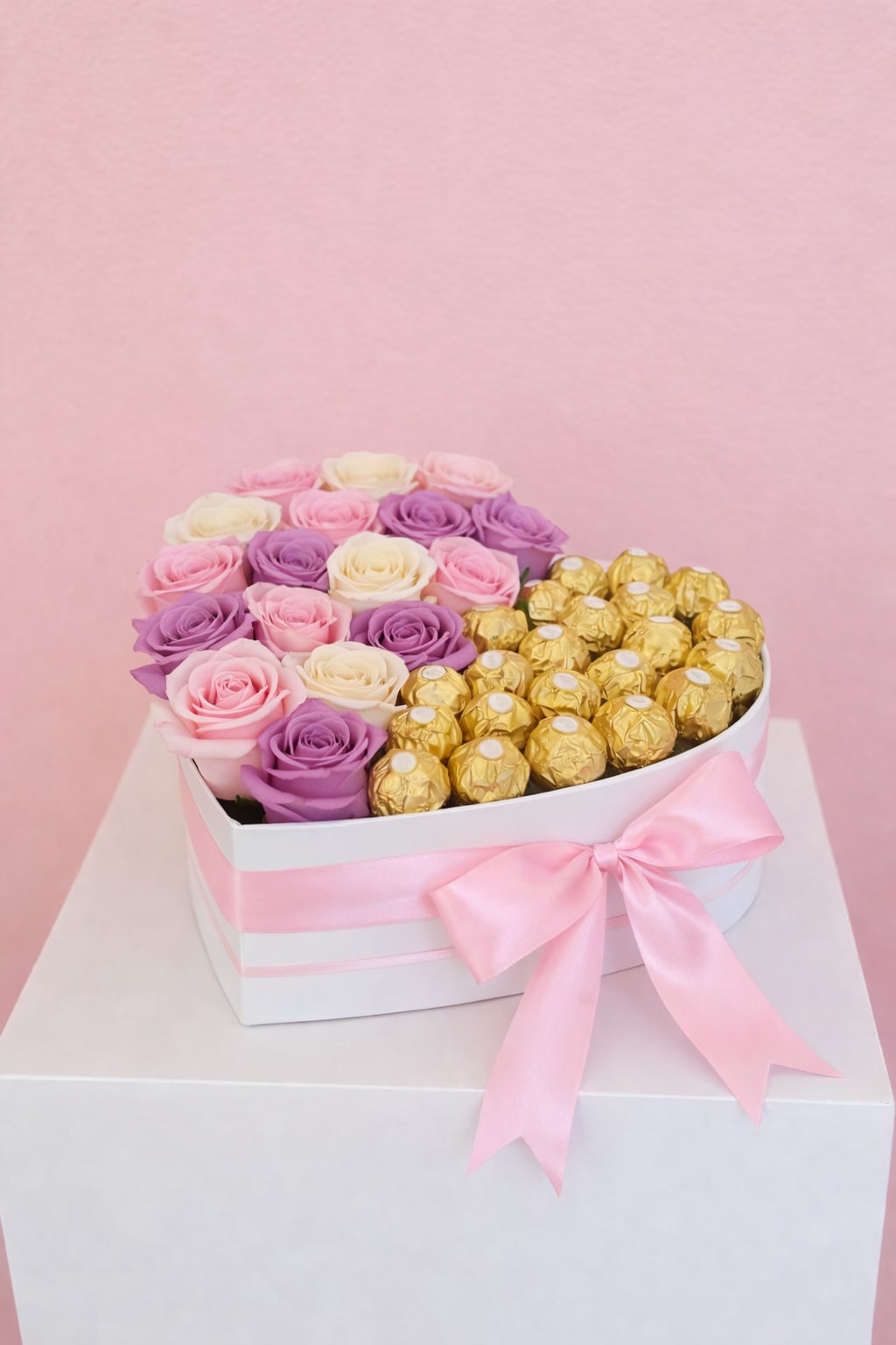 Berry Mom Half &amp; Half Heart Box - A bold and luxurious heart-shaped arrangement featuring a stunning mix of pink, ivory, and soft lavender roses paired with premium Ferrero Rocher chocolates. Designed in an elegant black box and finished with a soft pink satin ribbon, this piece creates the perfect balance between romance and sophistication. Ideal for birthdays, anniversaries, or unforgettable surprises, this design is made to impress and indulge. Rose tones may vary slightly based on availability while maintaining the overall color palette.