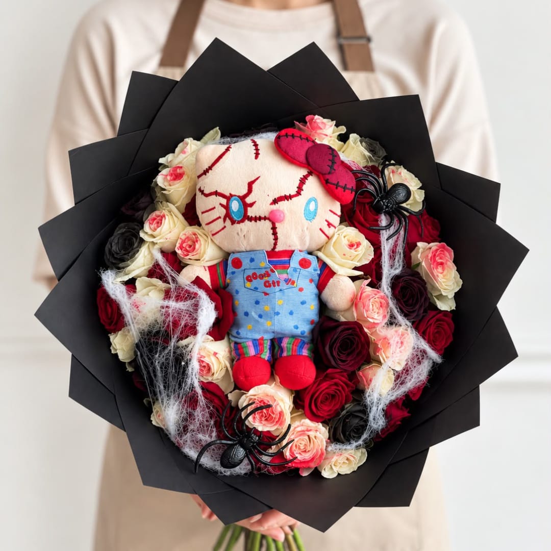 Bouquet with a plush doll, roses, and black wrapping paper