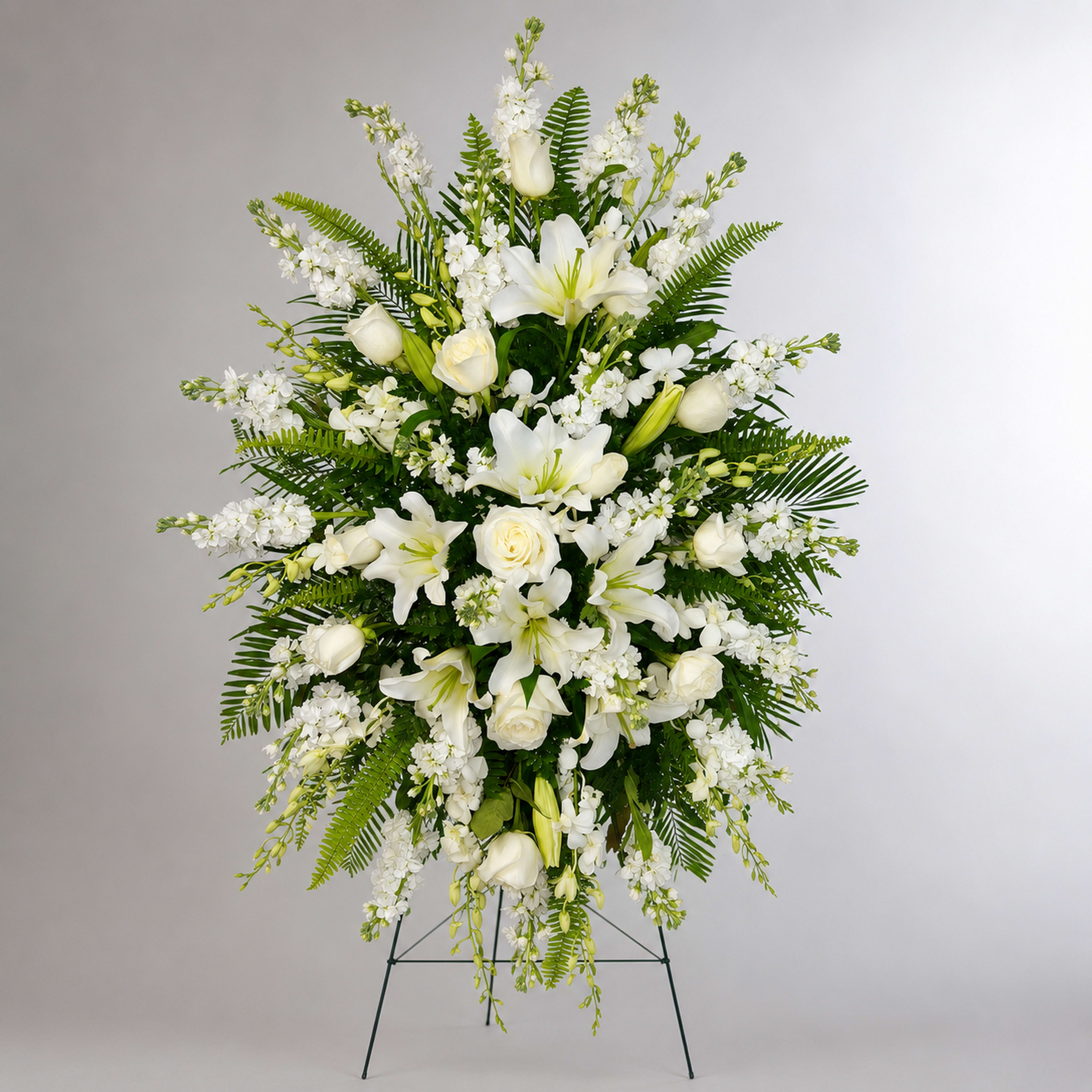 White lilies and roses in a standing floral spray with greenery