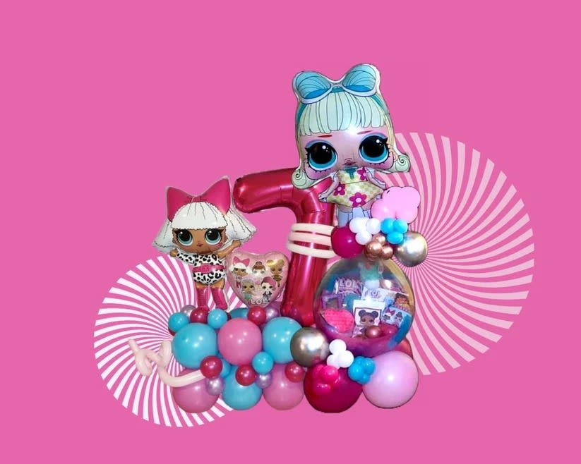 Balloon display with two cartoon doll figures on a pink background