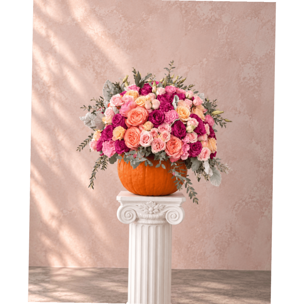 Pink and peach rose arrangement in a pumpkin vase on a pedestal