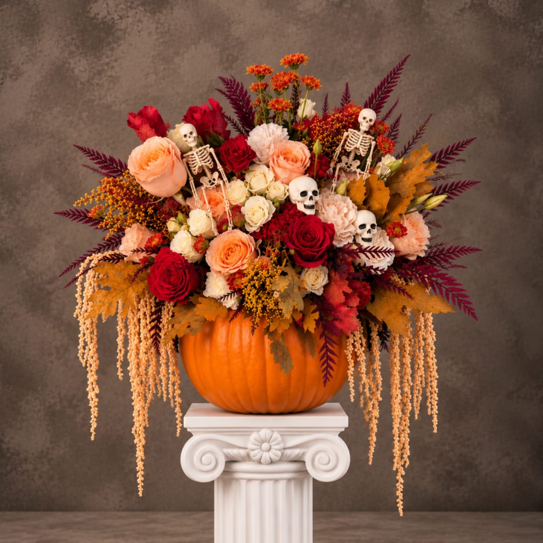 Fall floral arrangement in a pumpkin with small skeleton decorations