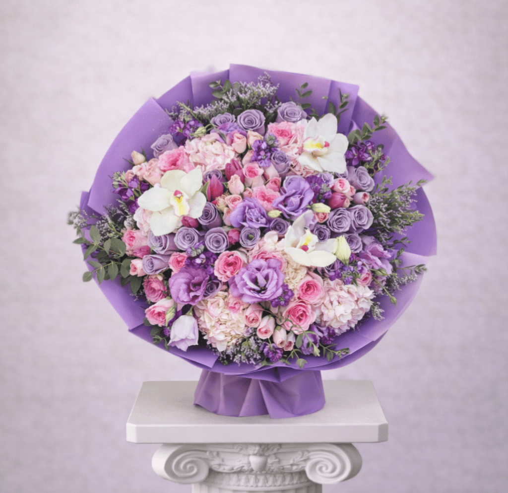 Purple dream  - Brighten any space with our Elegant Flower Bouquet! Bursting with vibrant blooms, this stunning arrangement features seasonal favorites paired with lush greenery for a breathtaking display.  Perfect for any occasion, it makes an ideal gift or a special treat for yourself. Elevate your decor with this captivating bouquet that brings joy and sophistication to your home or office.  Order yours today and let the beauty of flowers inspire you!